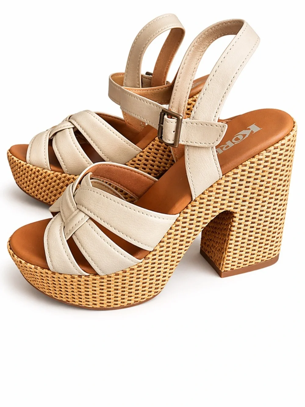 Korks Cream Woven Platform Sandal with Buckle Ankle Strap NWT